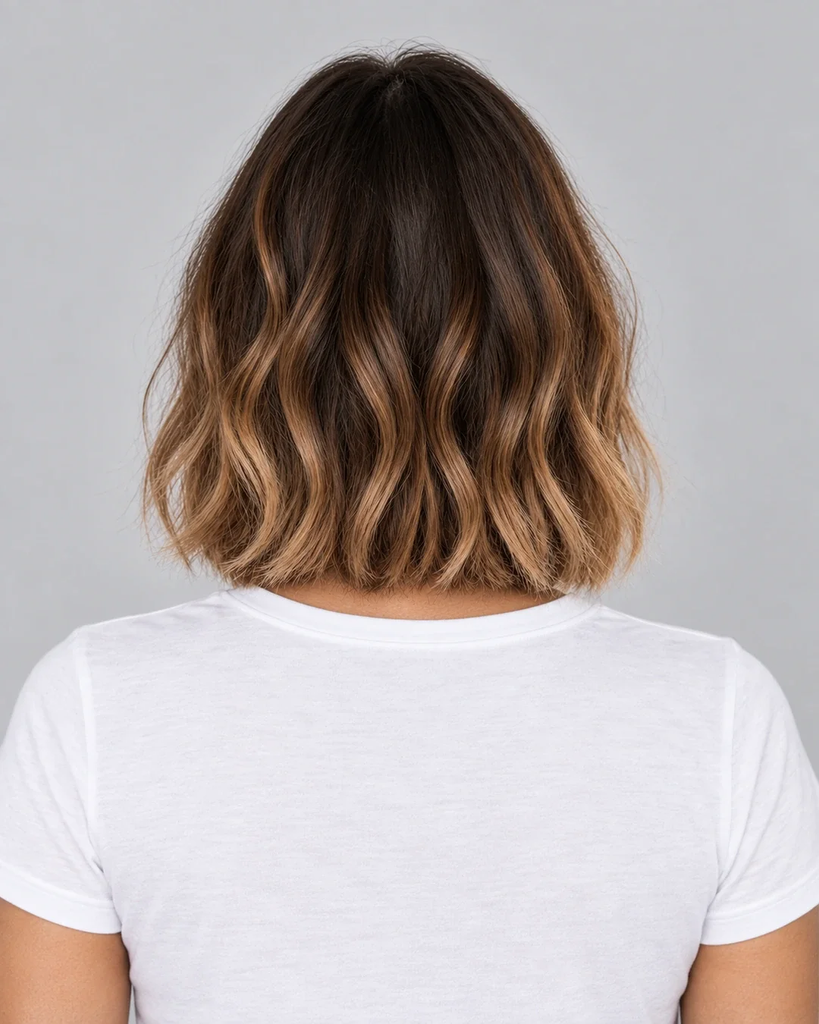Bob clavicular ondulado con balayage caramelo