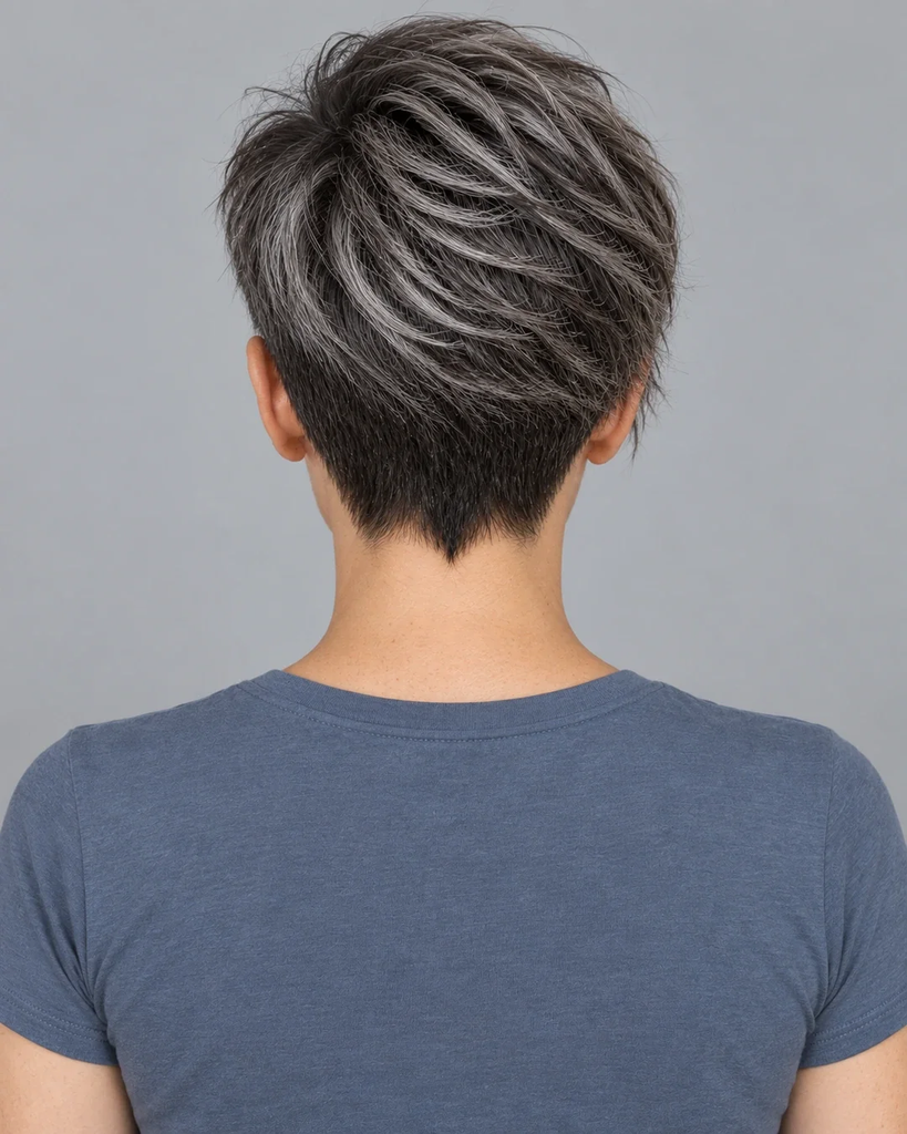 Pixie asimétrico oscuro con mechas plateadas